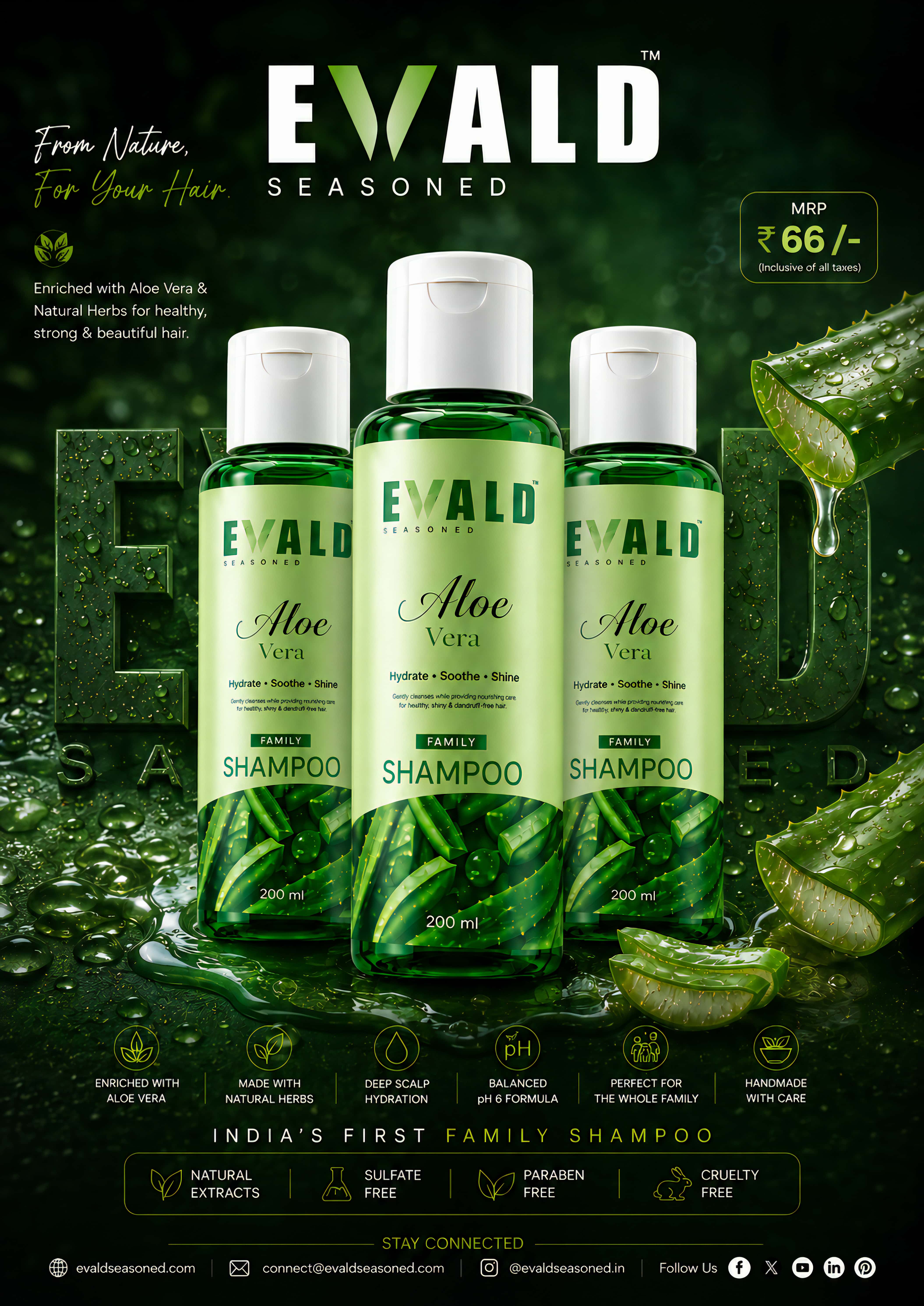 Three EVALD Seasoned Aloe Vera Shampoo bottles against dark foliage